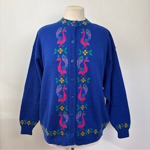 Vintage Tulchan Blue Peacock Wool Cardigan Sweater England Cottagecore Womens L